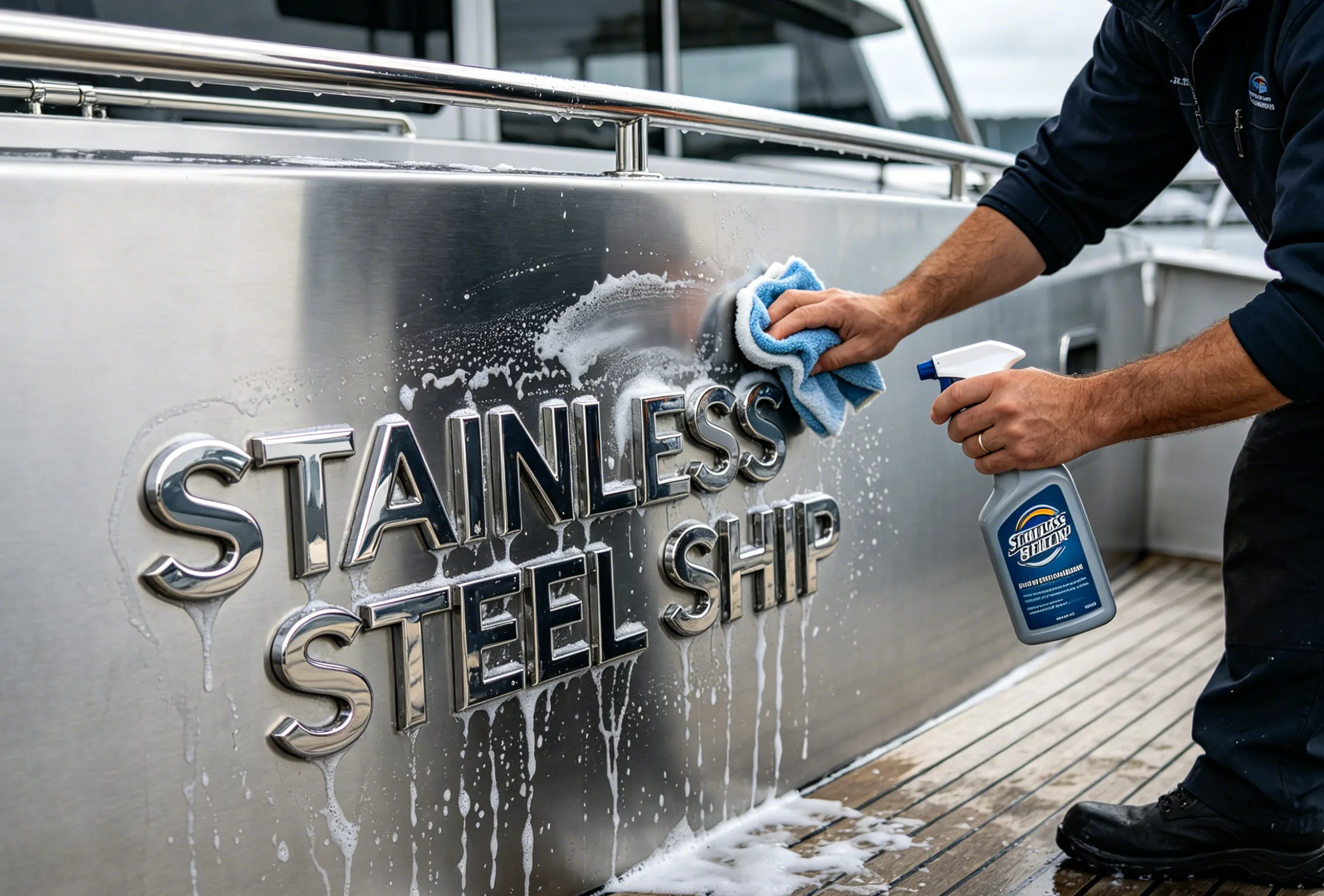 Maintaining stainless steel boat letters on a yacht hull with cleaning supplies