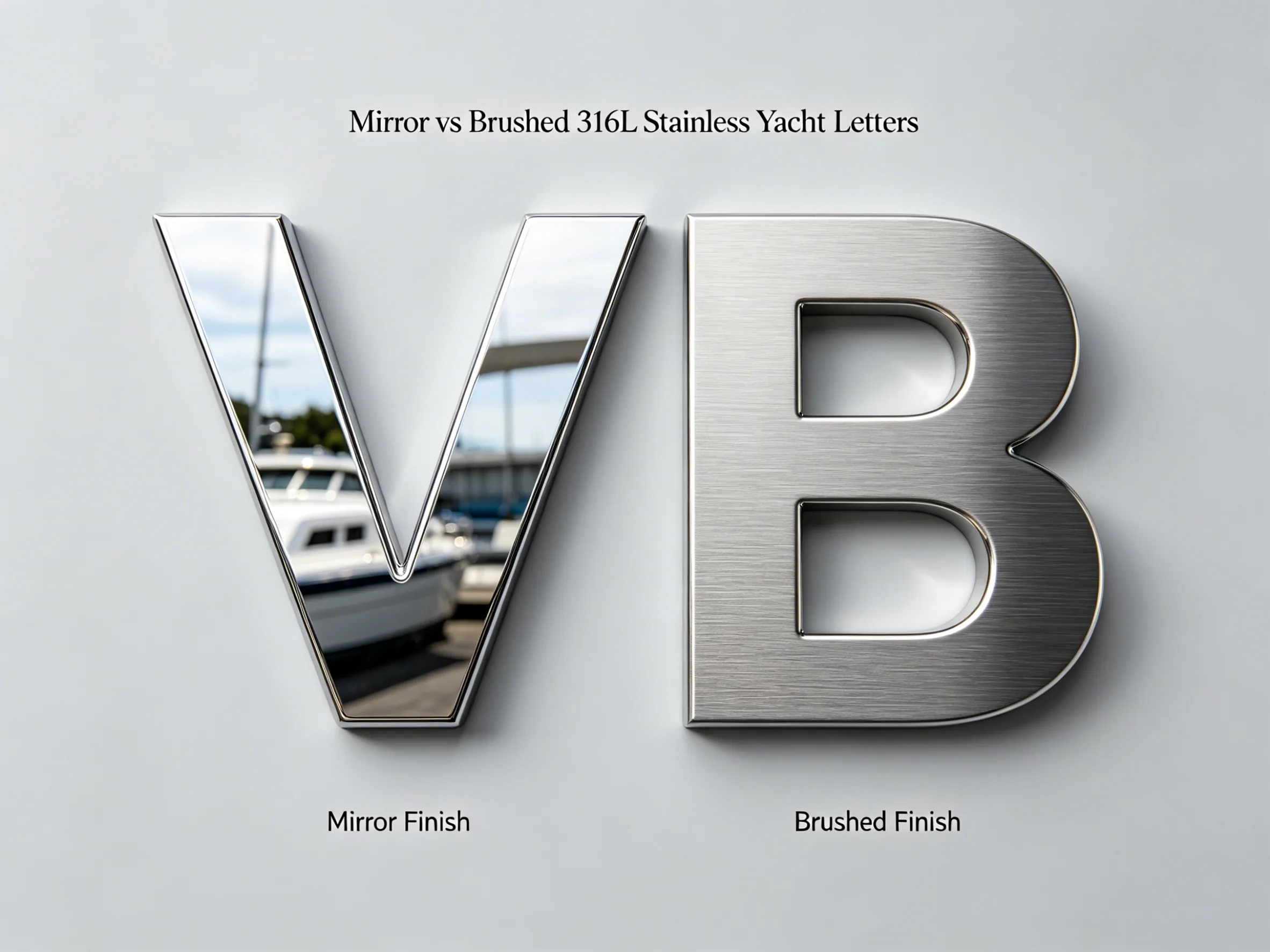 Side-by-side mirror polish and brushed 316L stainless yacht name letters on a dark blue transom