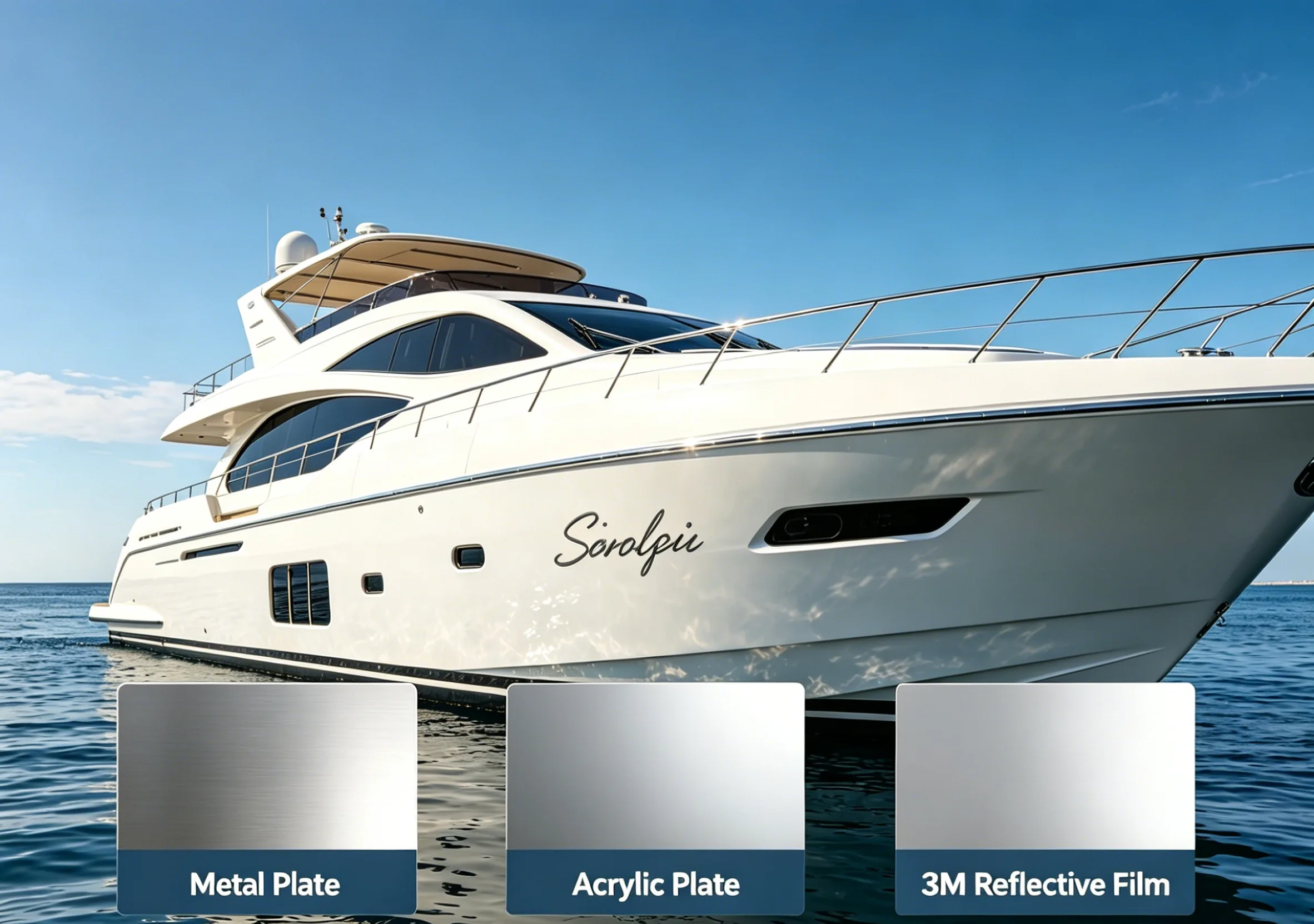 Yacht on water with hull lettering and material comparison context for exterior signage budgeting