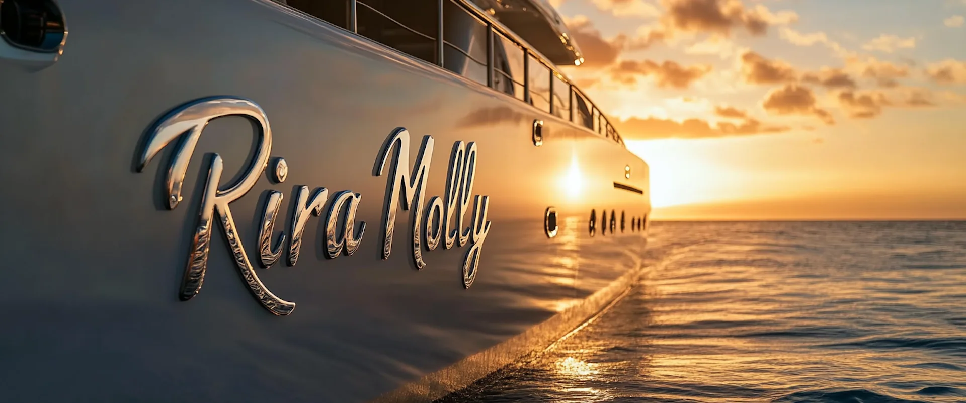 Modern yacht lettering style — strong silhouettes with restrained daytime presence.