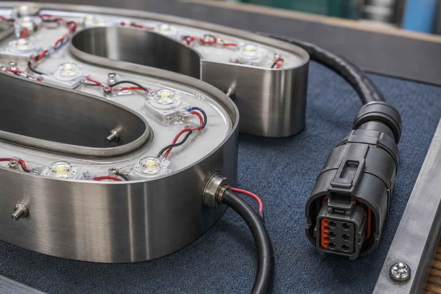 Sealed marine LED modules and waterproof connectors on the back of stainless yacht lettering.