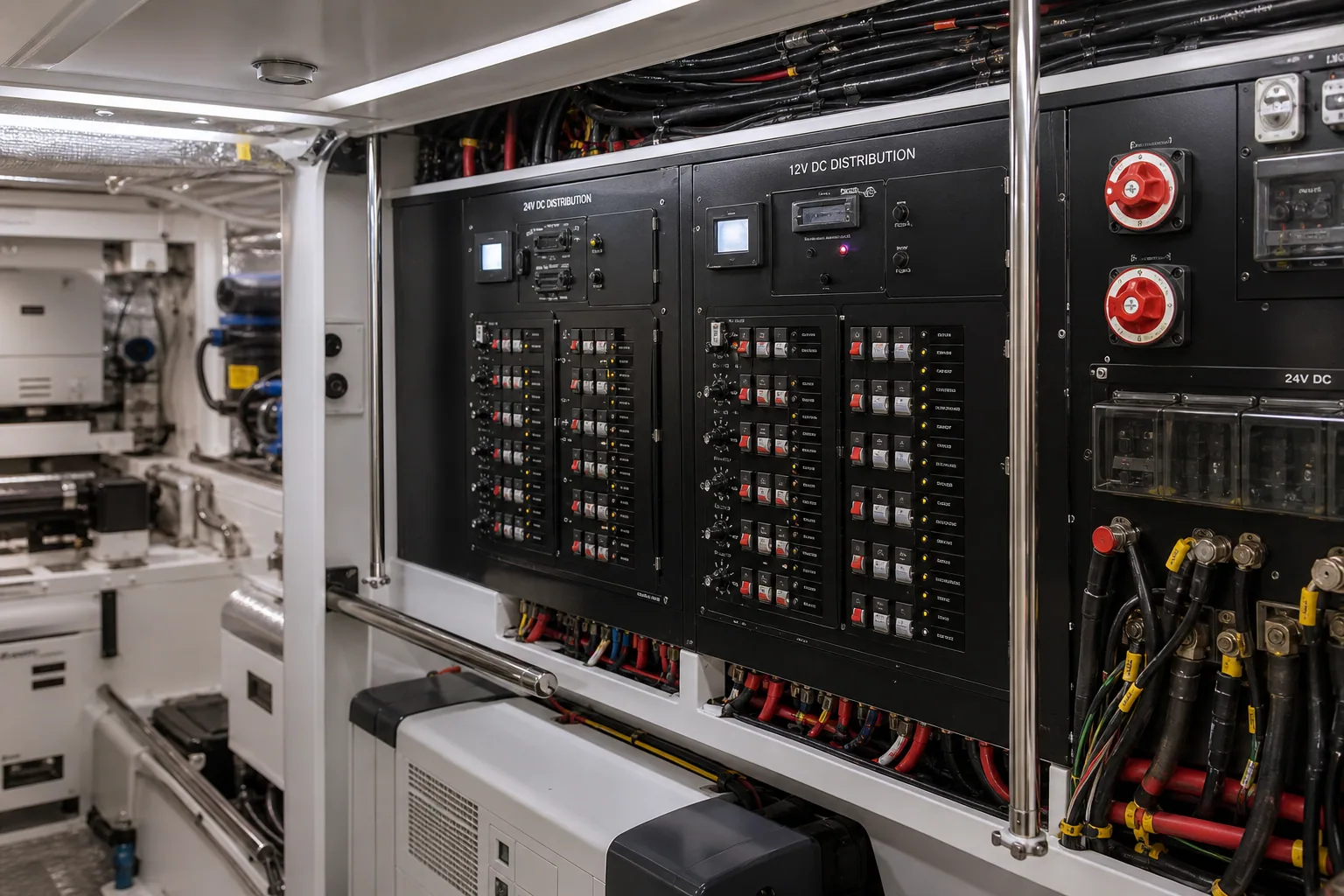 Luxury yacht DC electrical panel with labeled 12V and 24V marine breakers.
