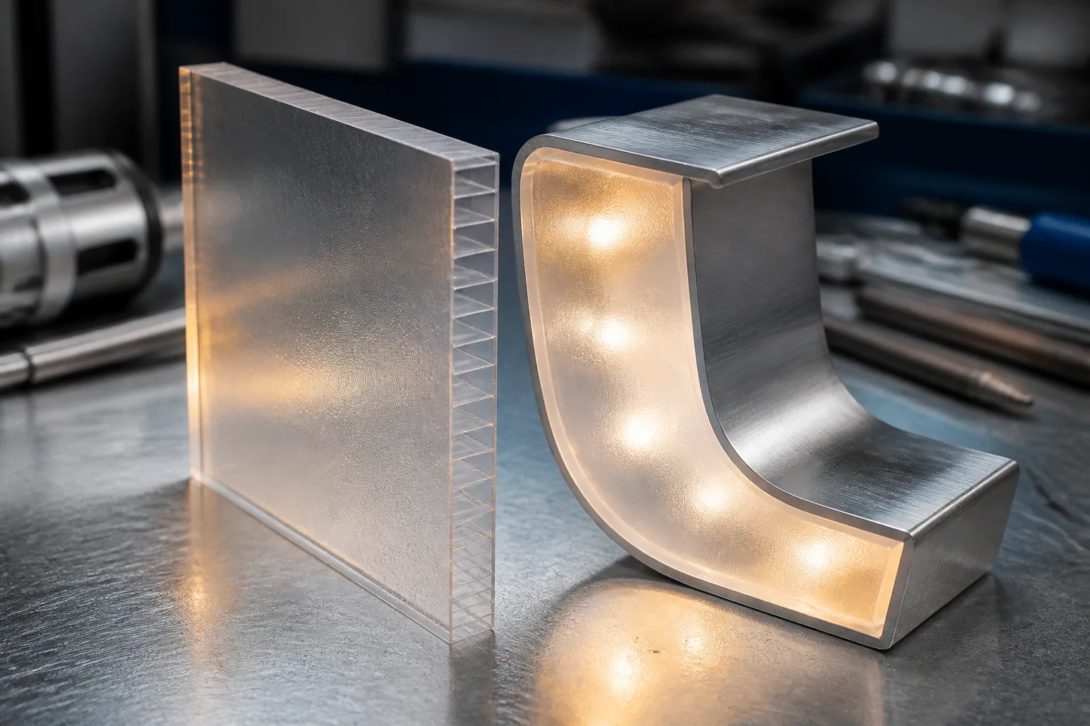 Impact-resistant polycarbonate sheet beside stainless yacht letter channel with warm LED backlight.