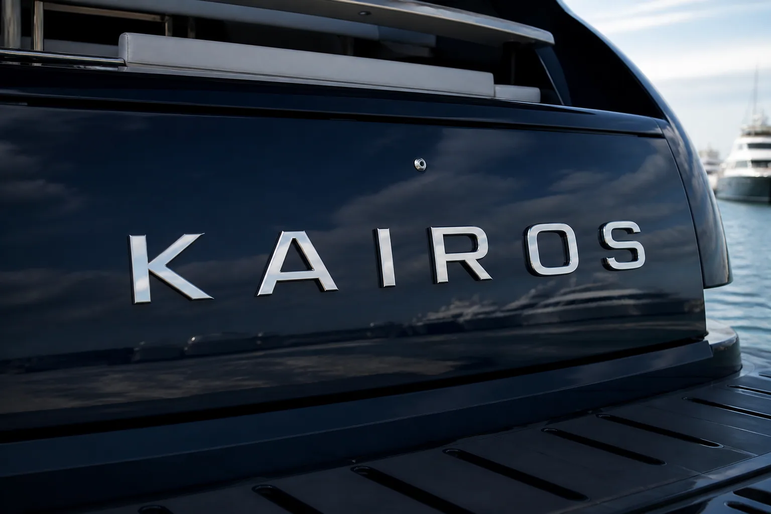 Modern sans-serif stainless steel yacht name letters on a contemporary dark transom showing architectural luxury and calm authority.