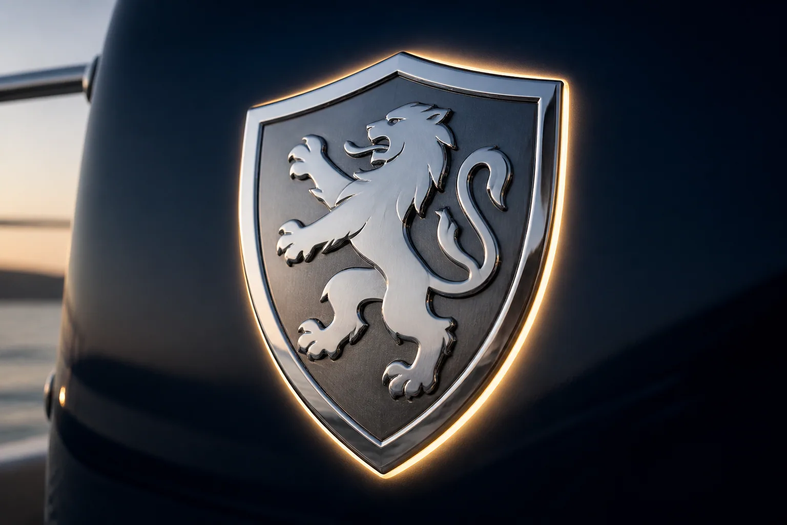 Illuminated 316L stainless steel family crest emblem with warm LED halo for custom yacht signage.