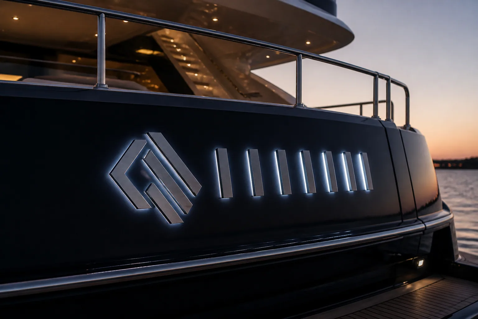 Custom company logo integrated with illuminated stainless steel yacht name letters on a dark transom.