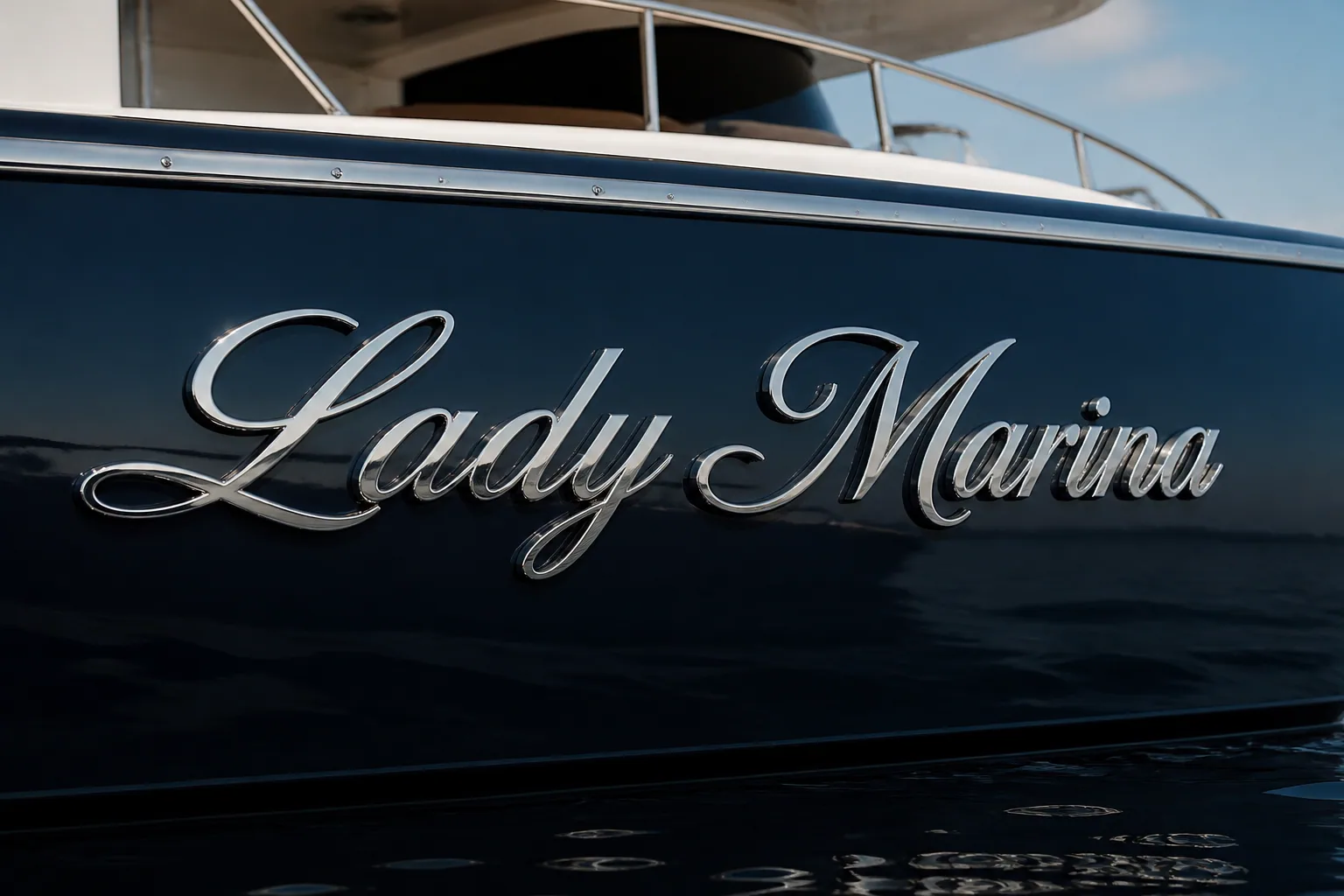 Elegant script stainless steel yacht name letters on a navy hull illustrating classic superyacht naming traditions.