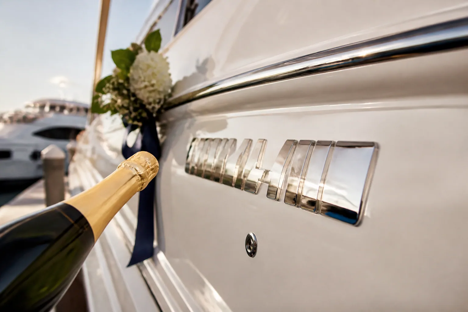 Champagne bottle beside newly fitted polished stainless yacht name letters on a white hull for a christening ceremony.