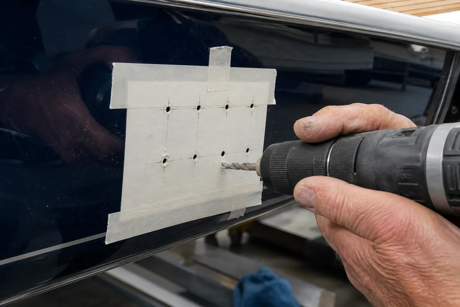 Technician drilling stud holes through a yacht transom using a taped template for safe backlit yacht sign installation.