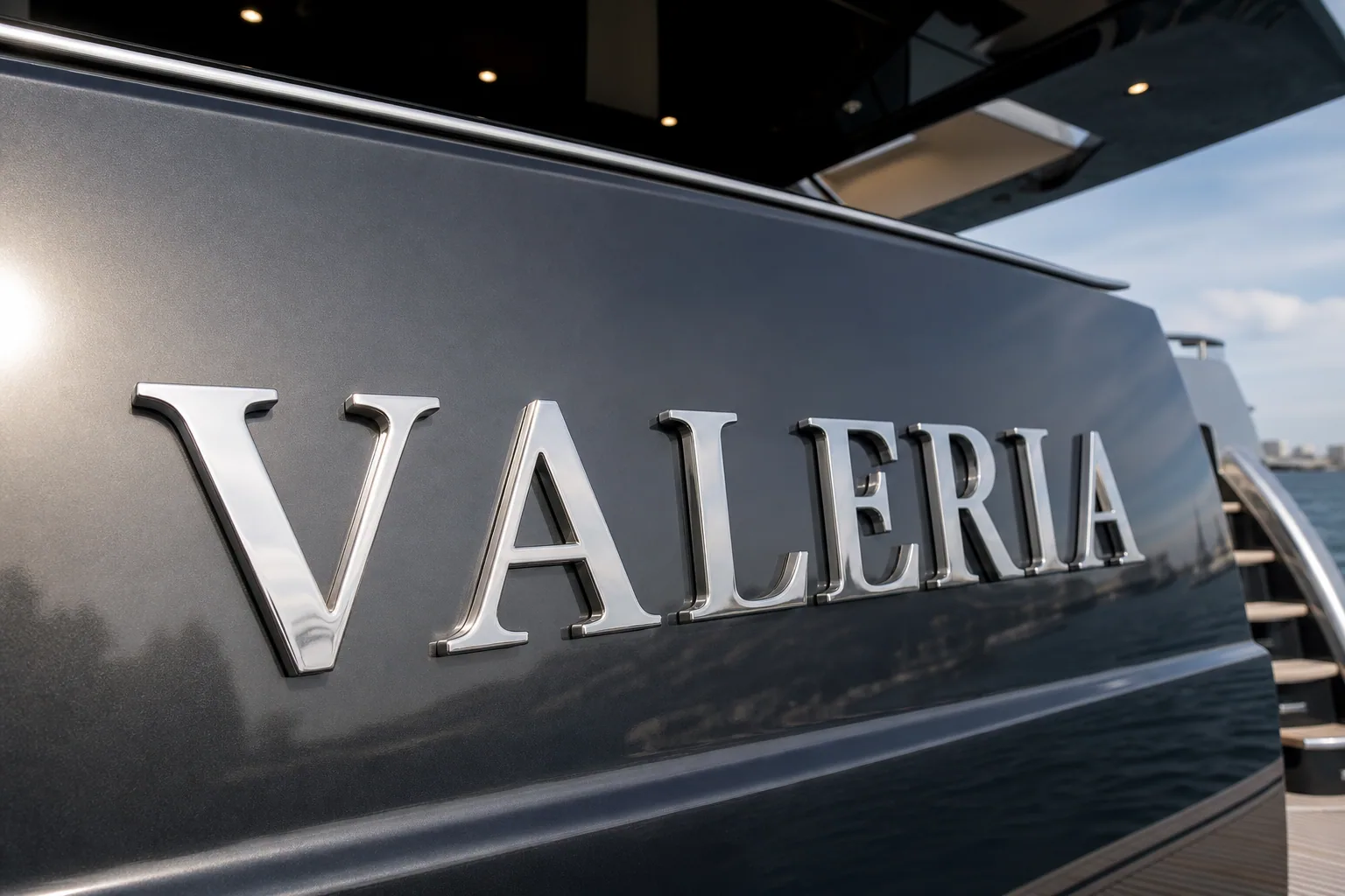 Close-up of clearly legible stainless steel yacht name letters on a dark transom showing height and stroke contrast.