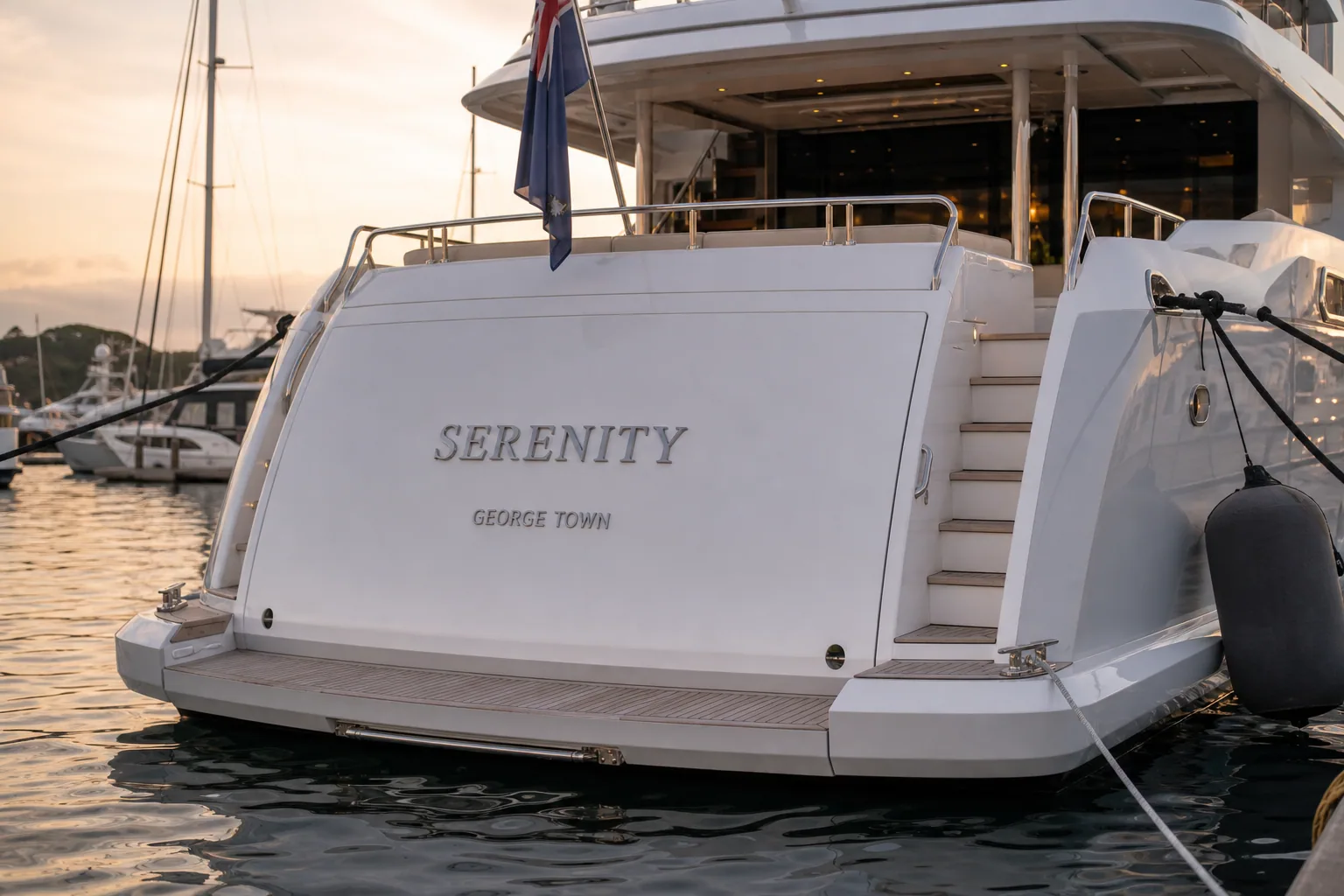 Yacht stern showing vessel name and port of registry marked together on the transom in durable metal lettering.