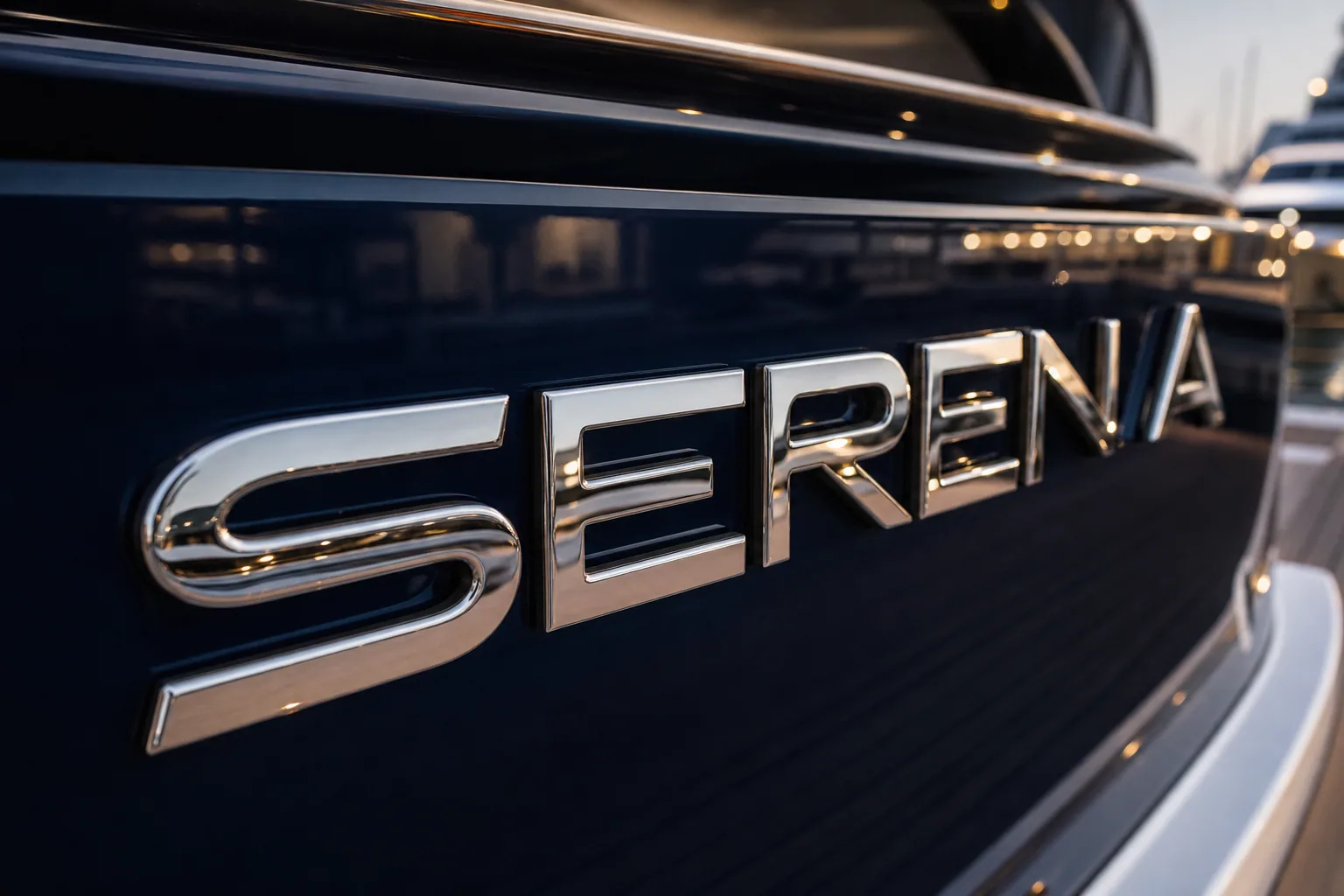 Mirror-polished stainless steel yacht name letters on a dark navy modern transom matching contemporary boat aesthetics.