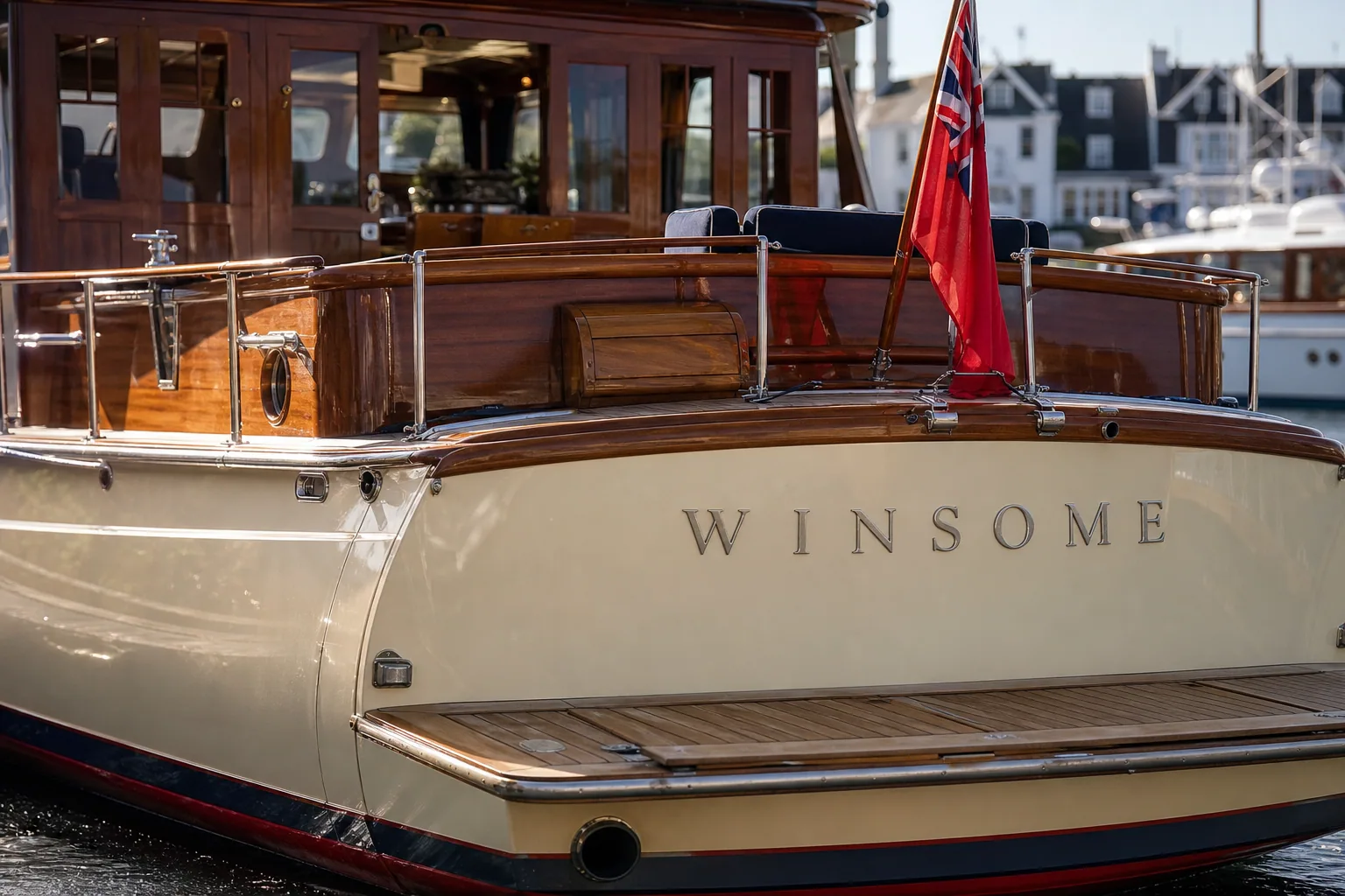 Classic wooden yacht stern with brushed stainless lettering complementary to teak and cream hull aesthetics.