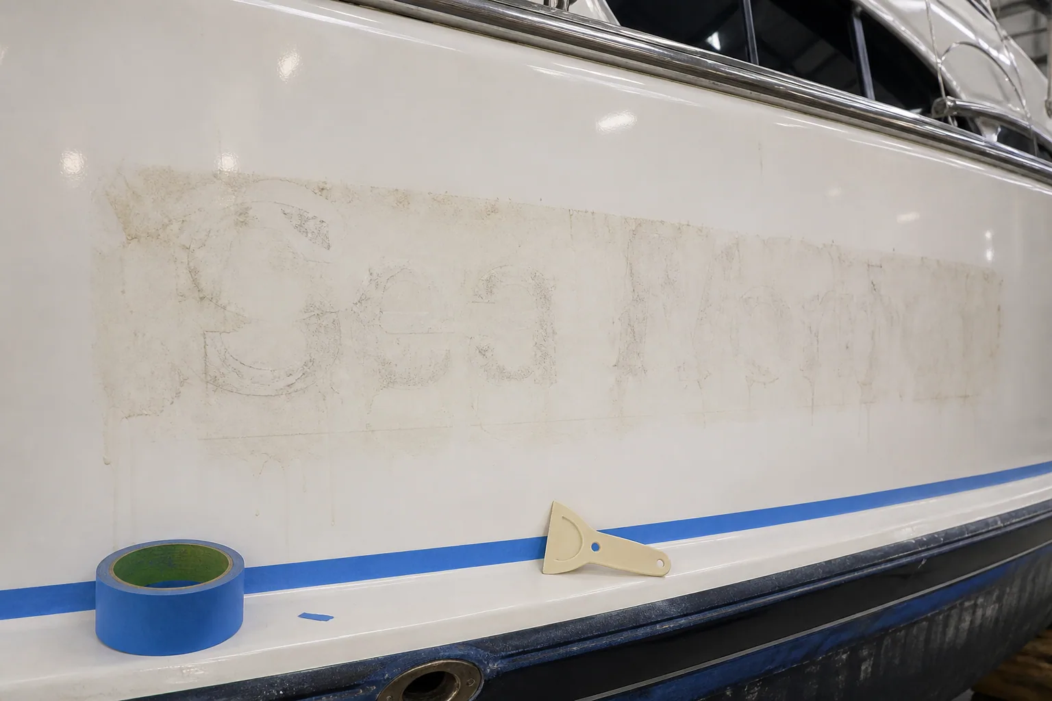 Yacht hull gelcoat after vinyl boat-name decal removal, showing adhesive residue prep before premium LED sign retrofit.