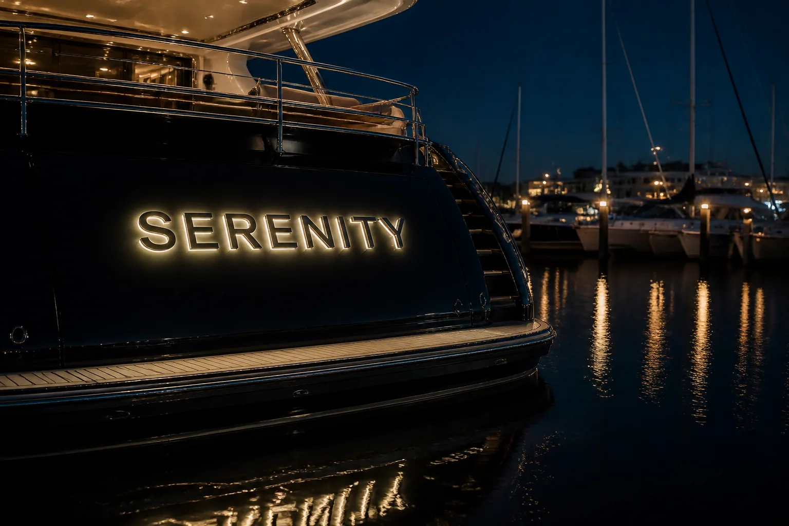 Night marina view of illuminated premium LED yacht name letters with even halo on a dark hull after vinyl-to-LED retrofit.