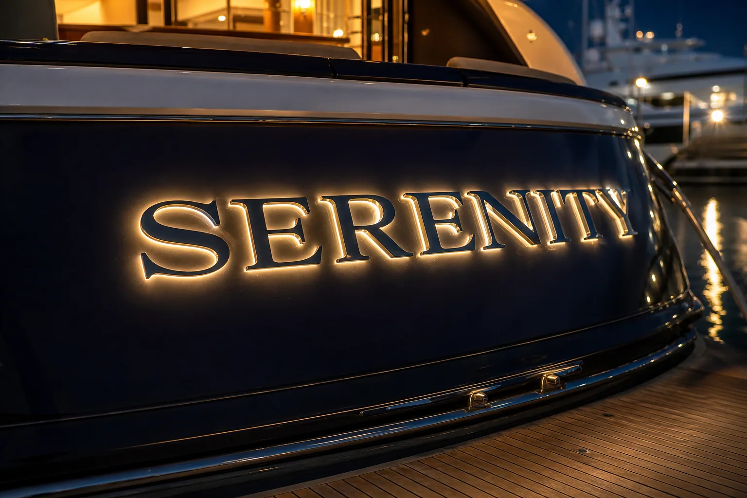 Warm white single-color LED halo behind stainless steel yacht name letters on a dark transom at night.