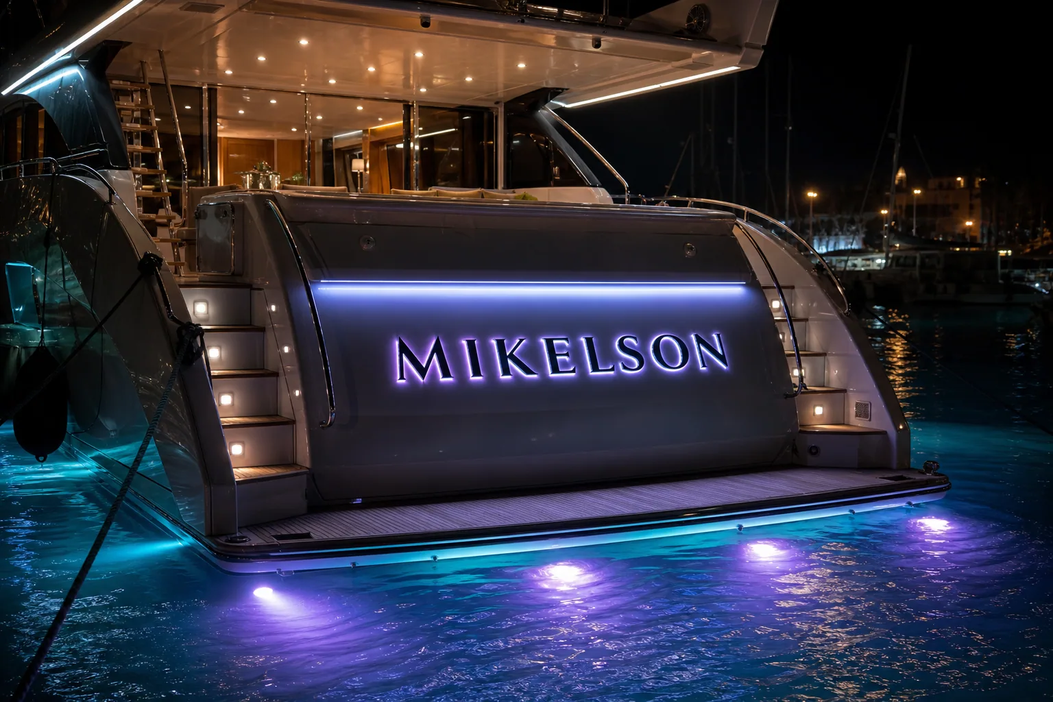 RGBW illuminated yacht lettering coordinated with cyan and violet underwater hull ambiance lights at night.