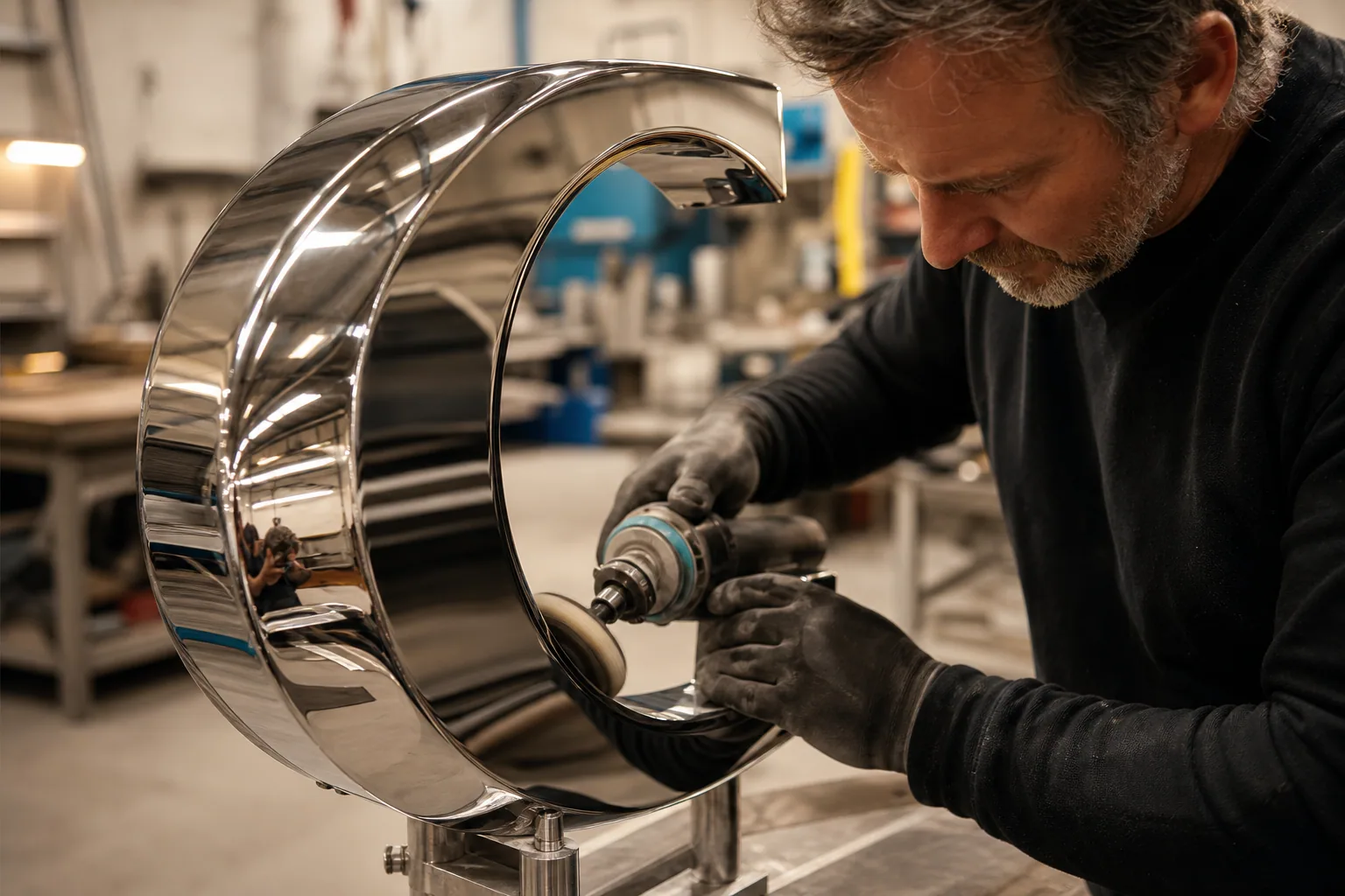Craftsman mirror-polishing luxury stainless steel yacht letter in fabrication workshop.