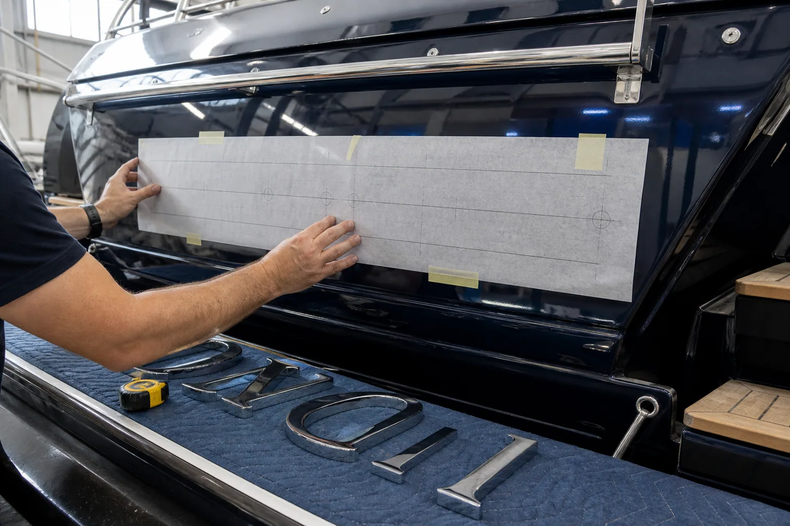 Shipyard technician dry-fitting a layout template on a luxury yacht transom before installing dimensional stainless steel letters.