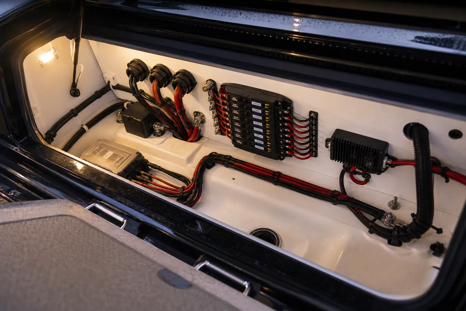 Interior transom locker showing sealed marine cable glands, LED wiring harness, and a 12V/24V fuse block for yacht signage integration.