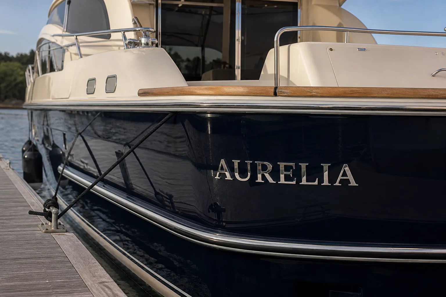 Port-side yacht quarter with dimensional stainless steel name letters mounted on a dark hull above the rubbing strake.