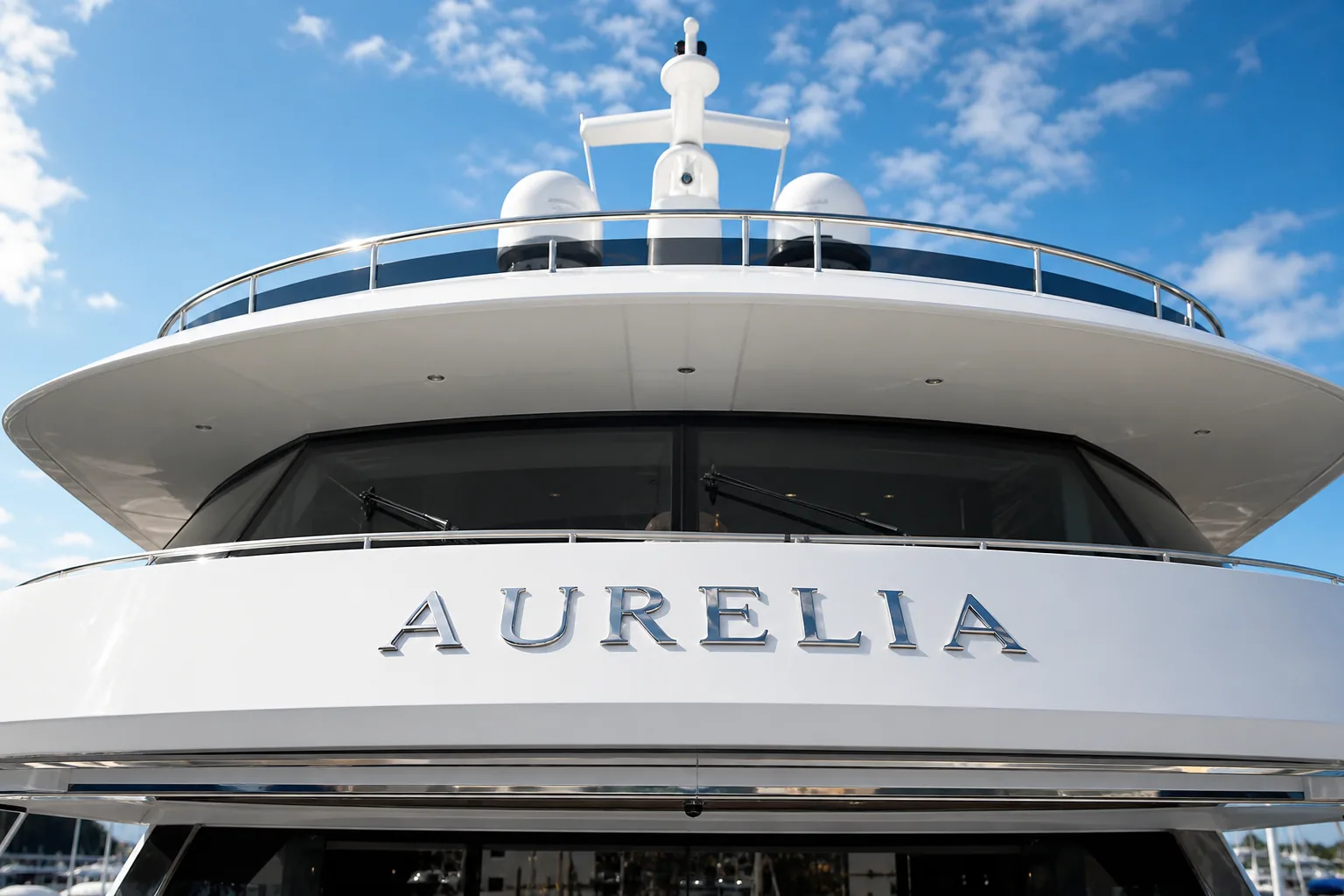 Luxury yacht flybridge brow with dimensional stainless steel name letters readable from the marina dock below.